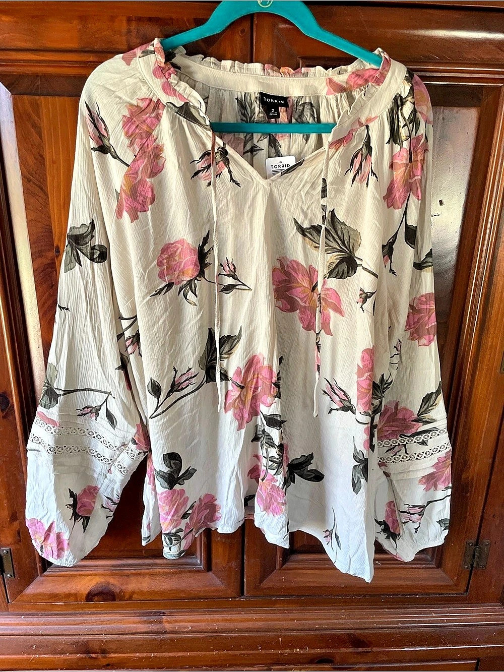 Torrid Washable Crinkle Gauze Tie Front Long Sleeve Top Rory Floral Sandstone